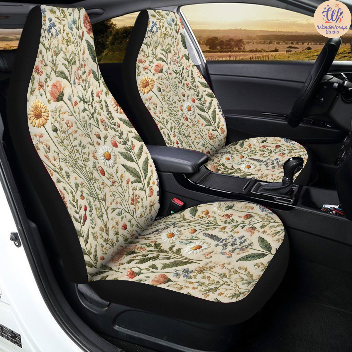 Wildflowers Faux Embroidery Car Seat Covers – High Quality Graphic and Polar Fleece Protector Set