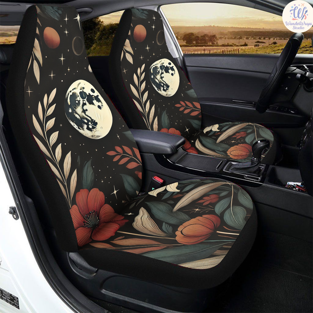 Full Moon Elegant Flowers Car Seat Covers – High Quality Graphic and Polar Fleece Protector Set