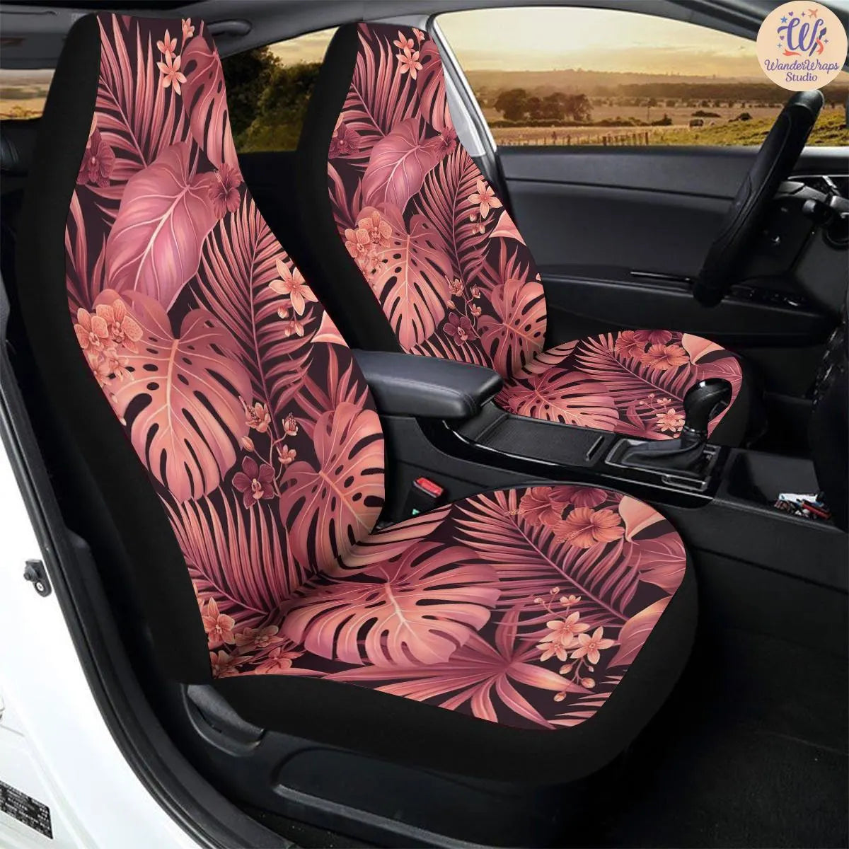 Pink & Coral Tropical Leaves Car Seat Covers – High Quality Graphic and Polar Fleece Protector Set