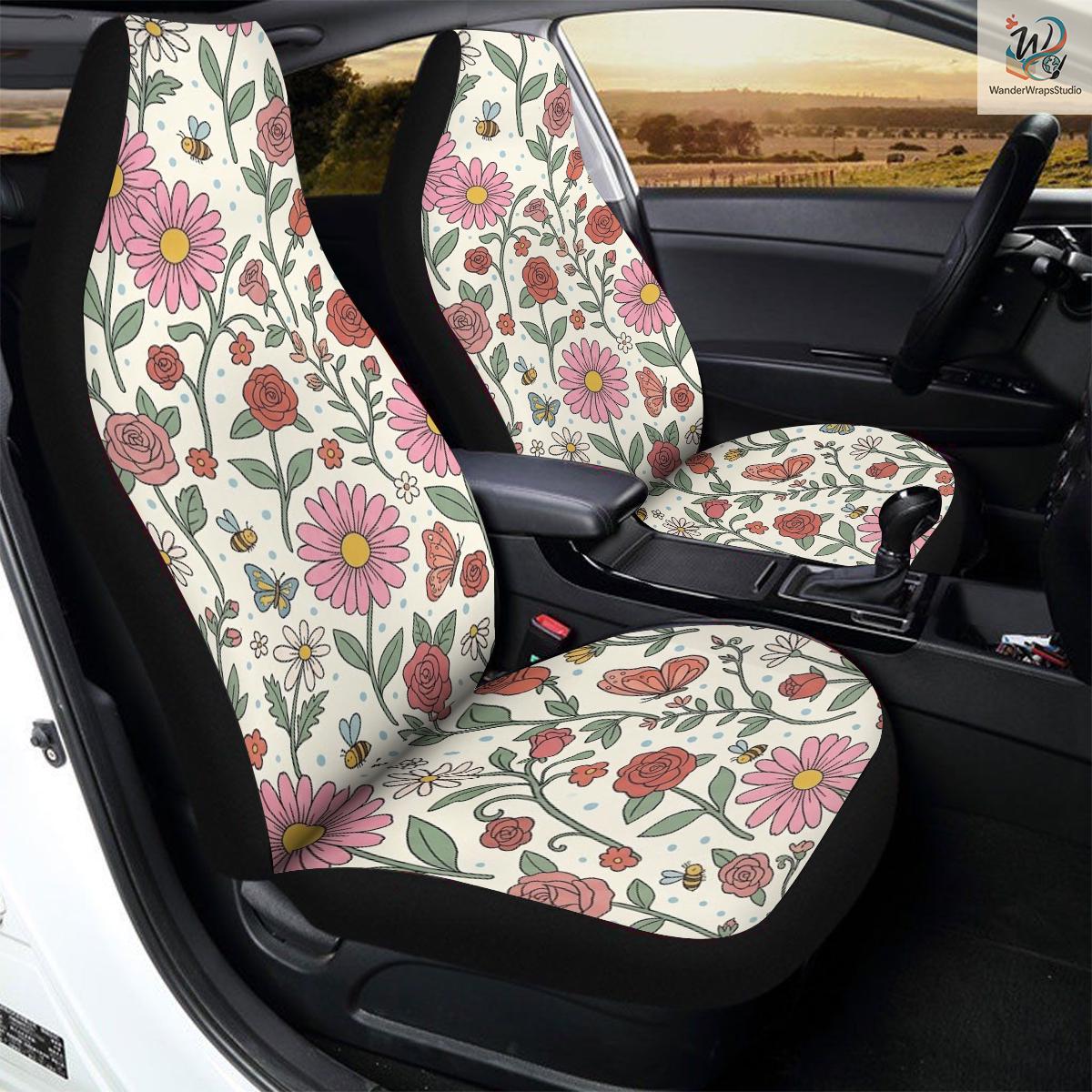 Retro Daisy, Rose & Butterfly Garden Car Seat Covers – High Quality Graphic and Polar Fleece Protector Set
