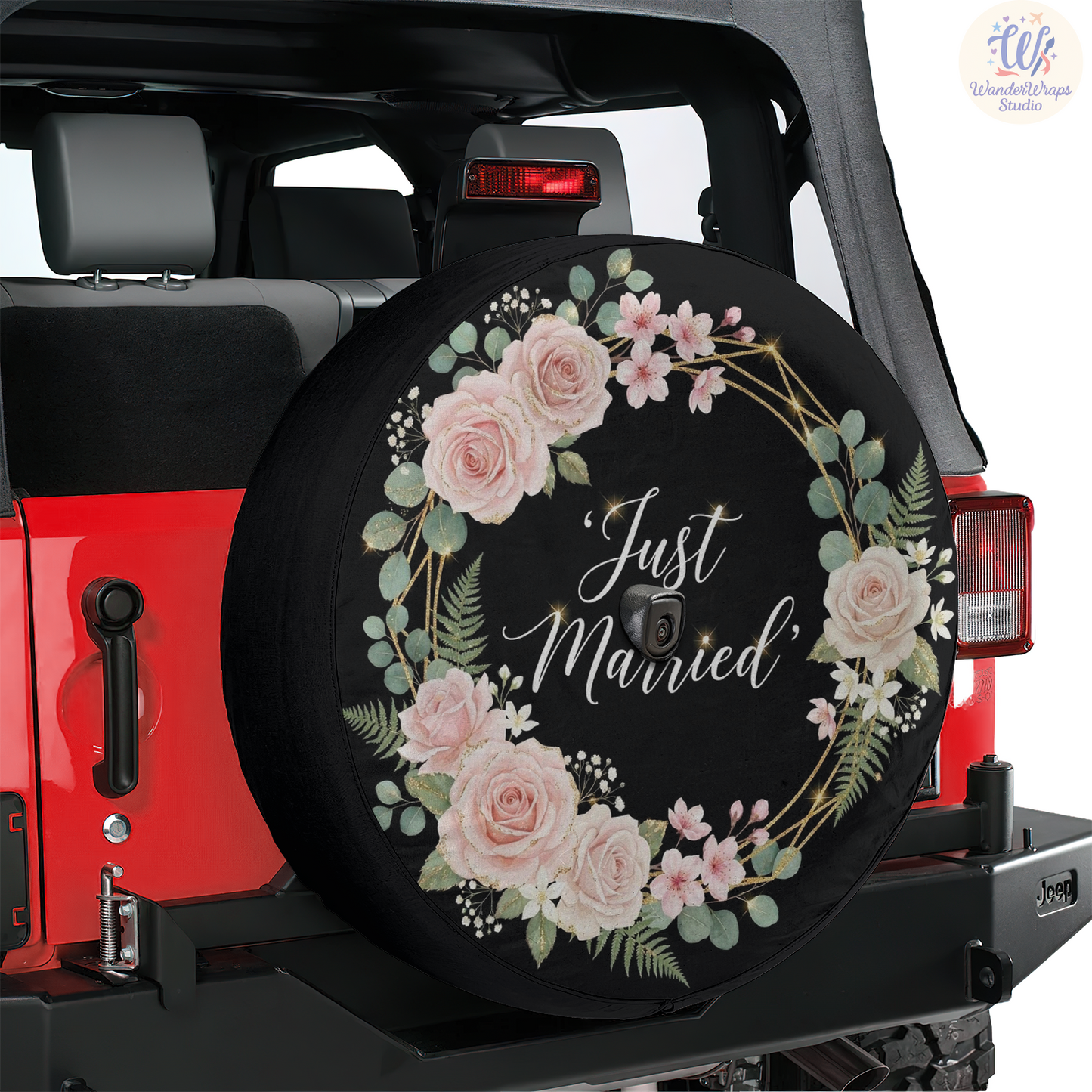 Just Married Spare Tire Cover – Waterproof UV Resistant Protector with Camera Hole