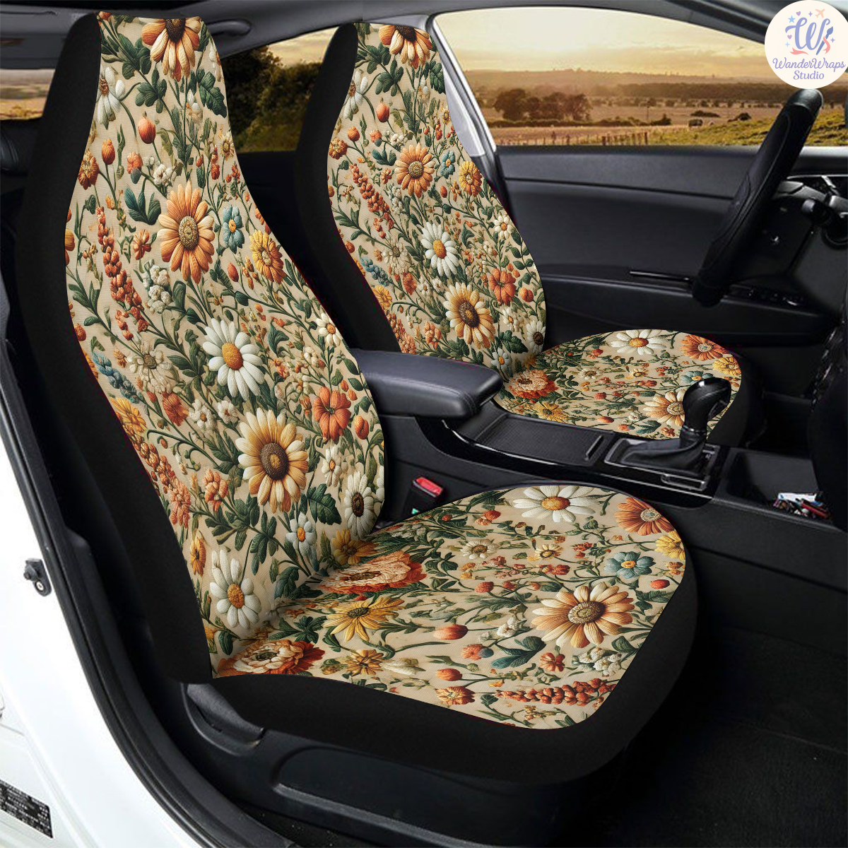 Vintage Folk Floral Meadow Faux Embroidery Car Seat Covers – High Quality Graphic and Polar Fleece Protector Set