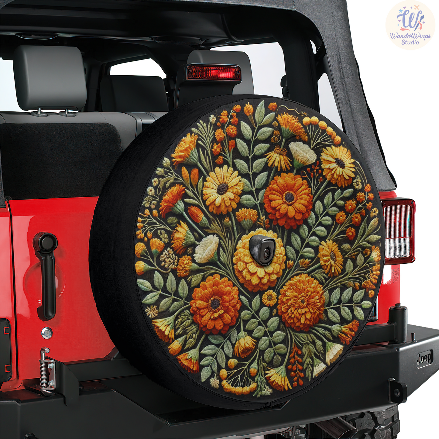 Orange Wildflower Spare Tire Cover – Waterproof UV Resistant Protector with Camera Hole