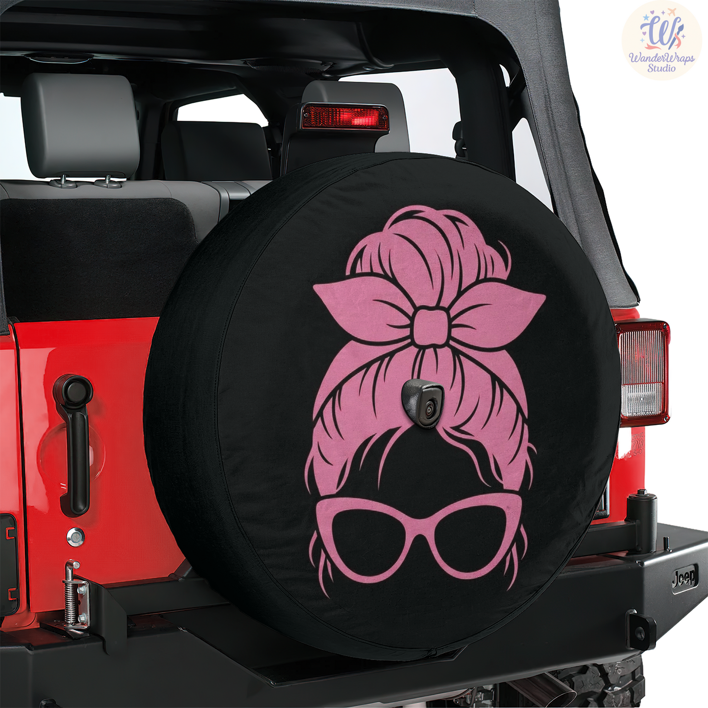 Pink Messy Bun Spare Tire Cover – Waterproof UV Resistant Protector with Camera Hole