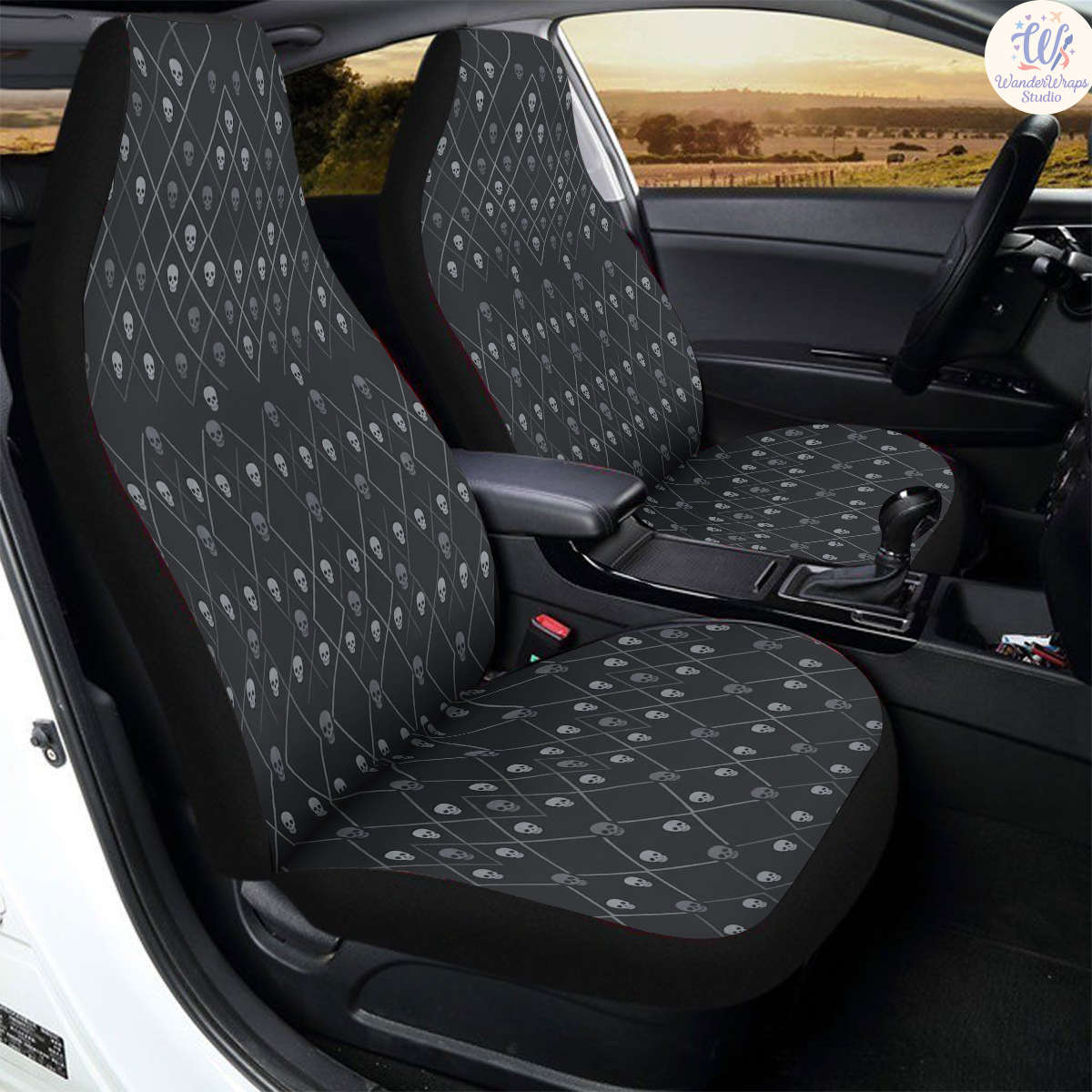 Nocturne Diamond Skulls Car Seat Covers – High Quality Graphic and Polar Fleece Protector Set