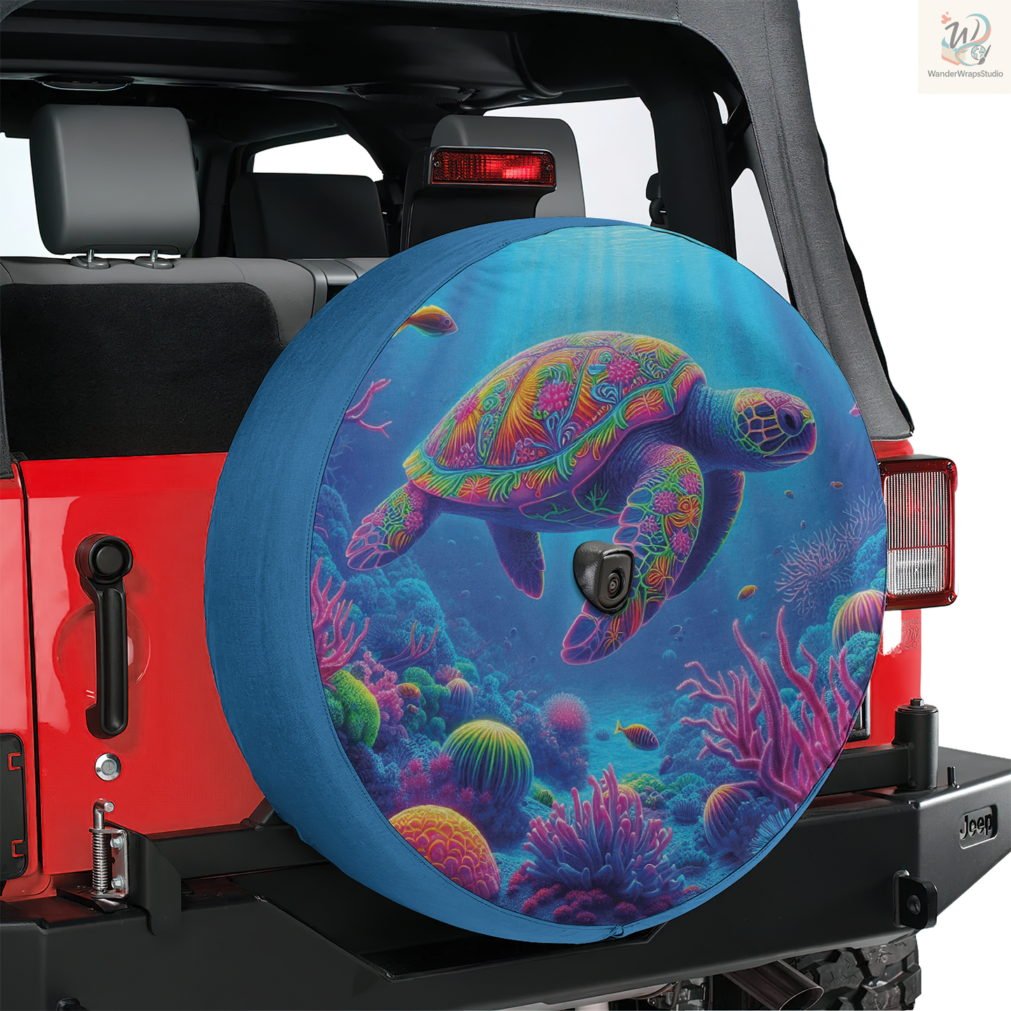 Neon Turtle Sea Spare Tire Cover – Waterproof UV Resistant Protector with Camera Hole