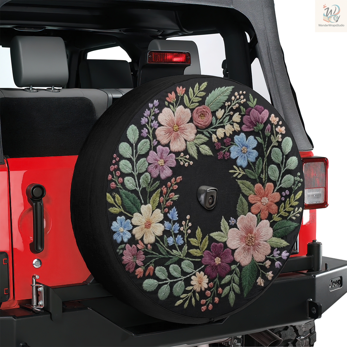 Embroidered Floral Wreath Faux Embriodery Spare Tire Cover – Waterproof UV Resistant Protector with Camera Hole