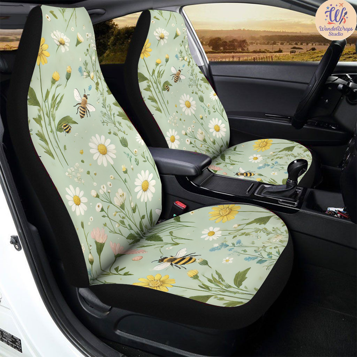 Cute Wildflower Meadow with Bees Car Seat Covers – High Quality Graphic and Polar Fleece Protector Set