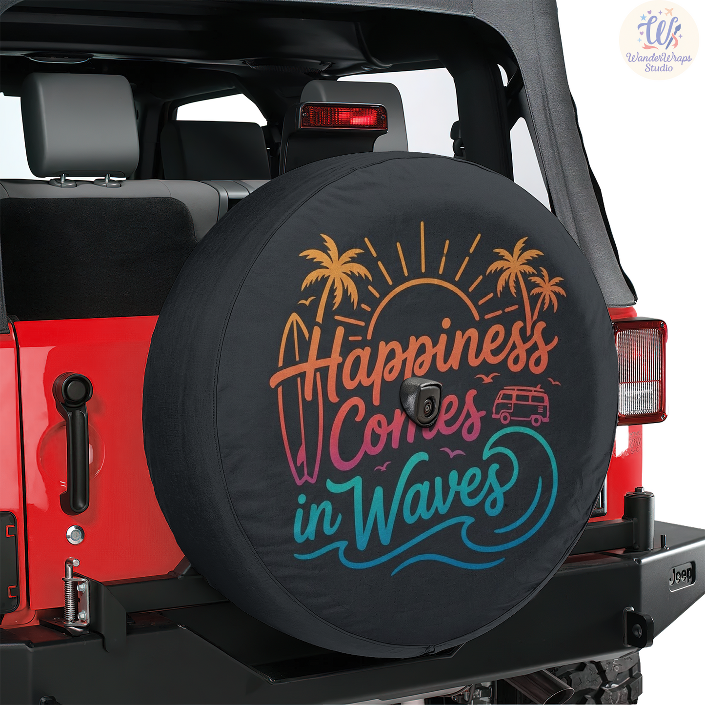 Happiness Comes In Waves Spare Tire Cover – Waterproof UV Resistant Protector with Camera Hole