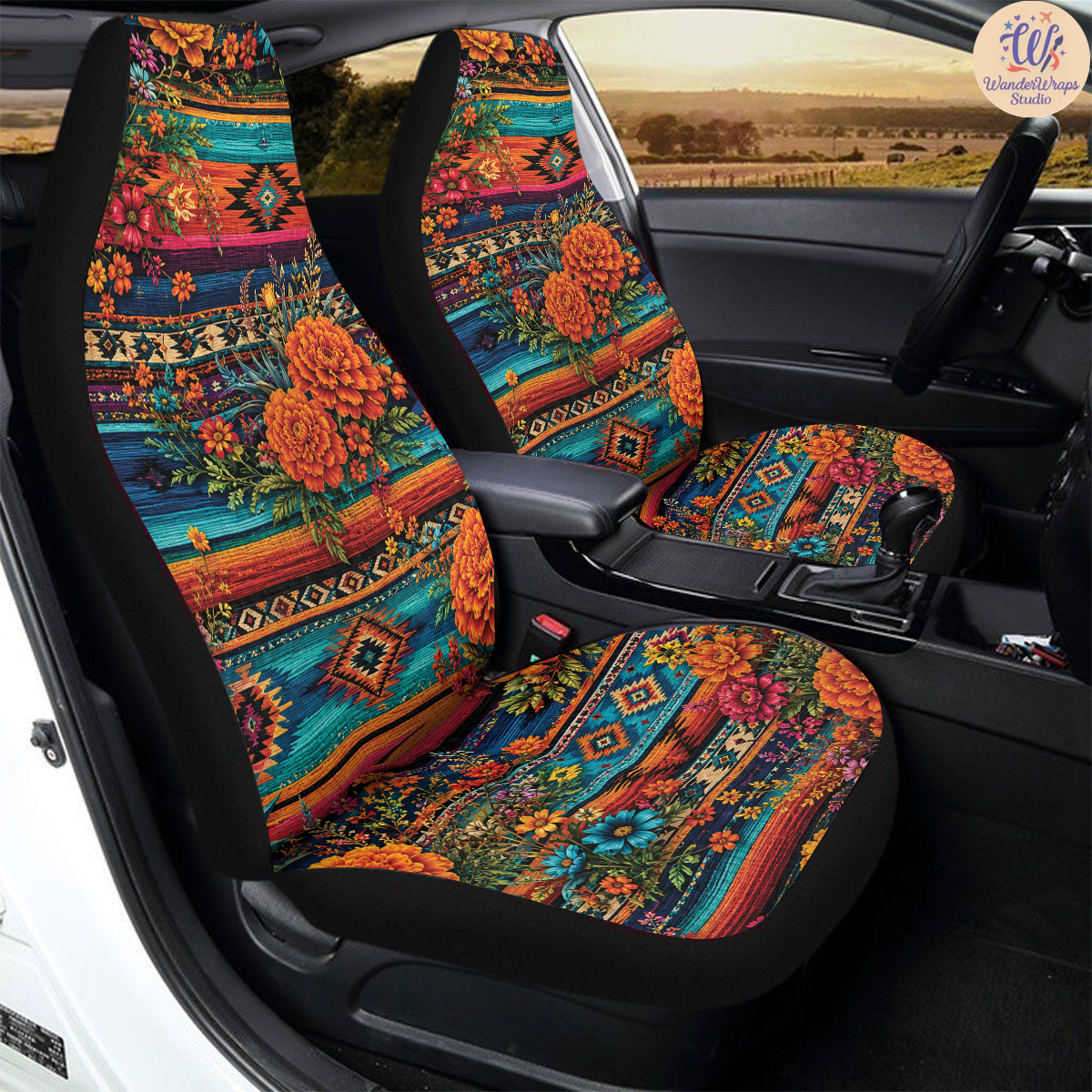 Southwestern Marigold Desert Bloom Car Seat Covers – High Quality Graphic and Polar Fleece Protector Set