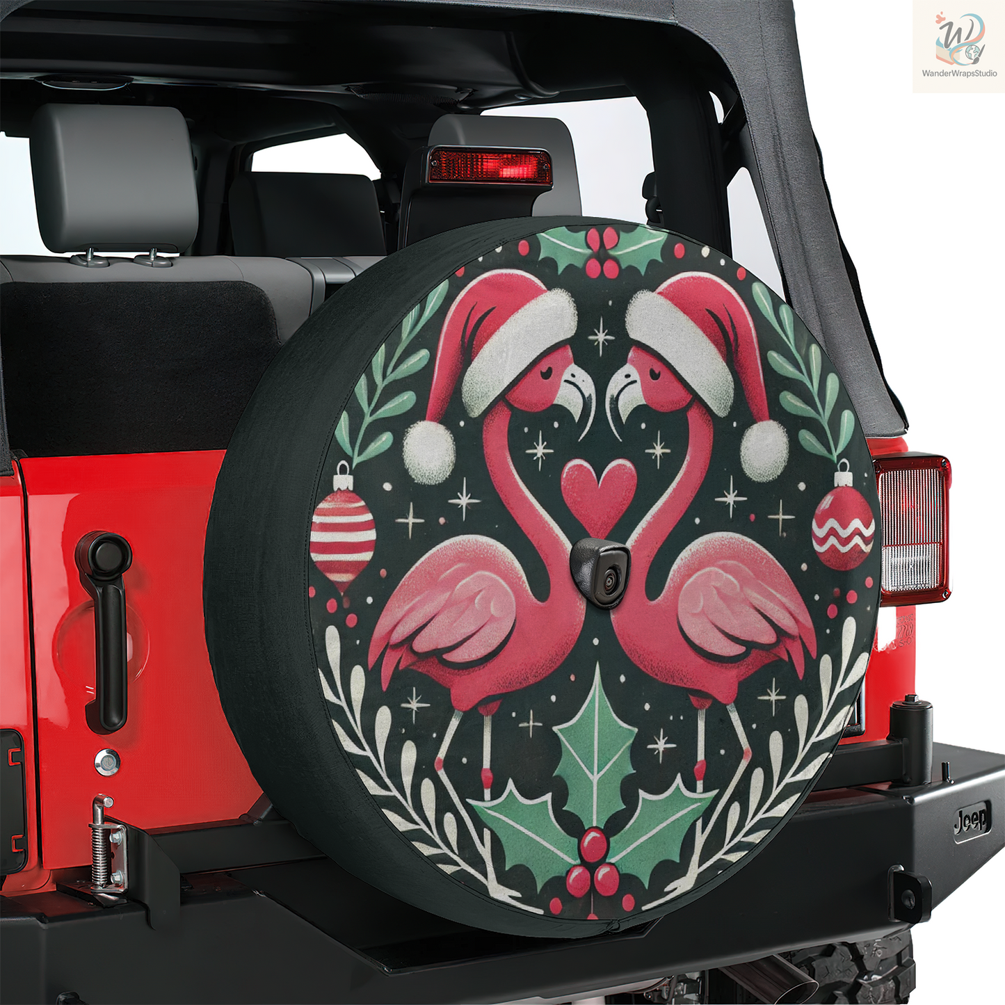 Christmas Flamingo Spare Tire Cover – Waterproof UV Resistant Protector with Camera Hole
