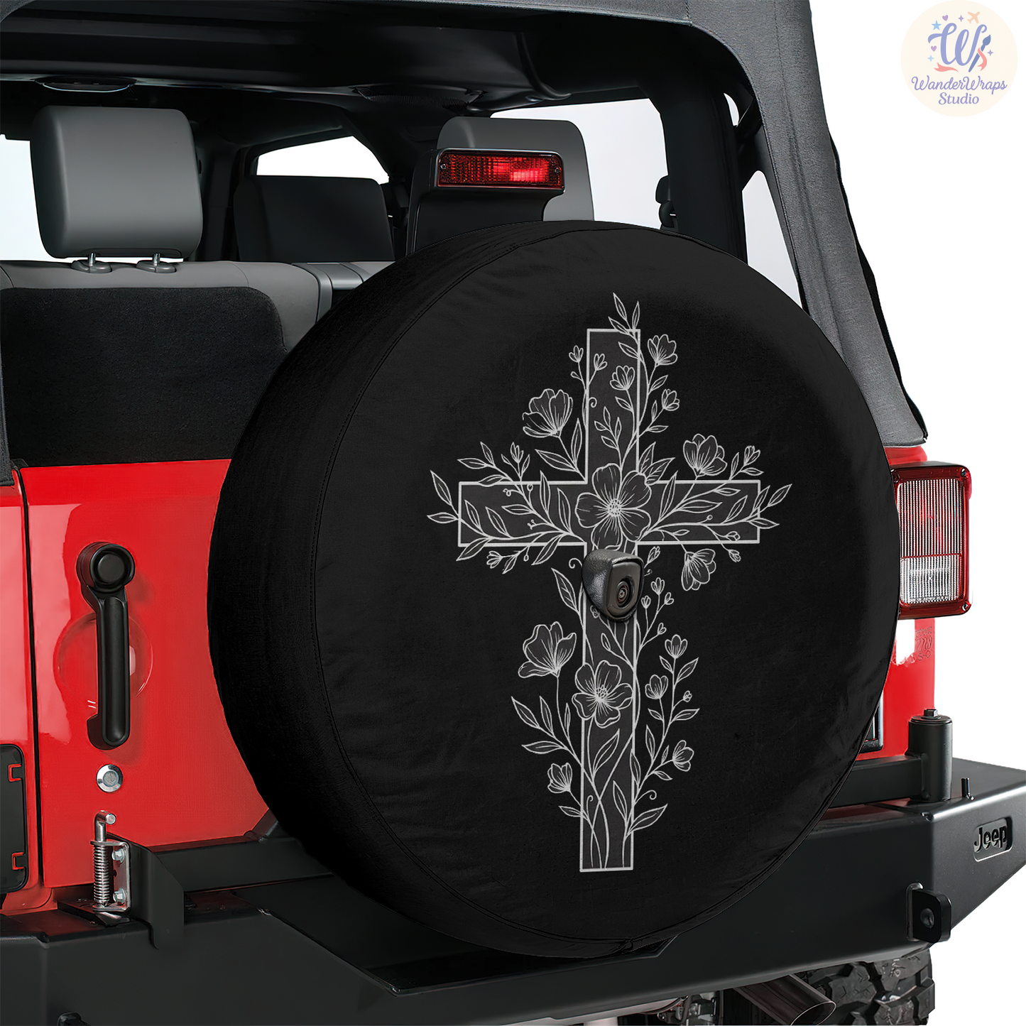 Floral Cross Spare Tire Cover – Waterproof UV Resistant Protector with Camera Hole