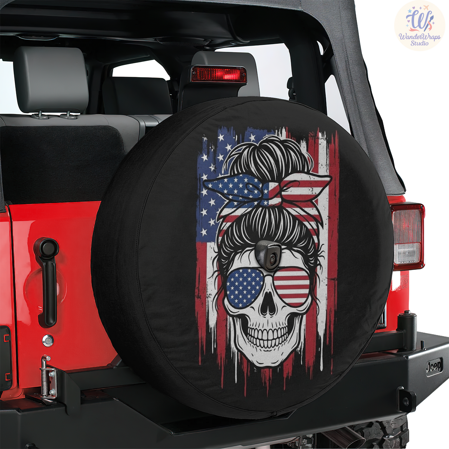 Patriotic Skull Girl Spare Tire Cover – Waterproof UV Resistant Protector with Camera Hole