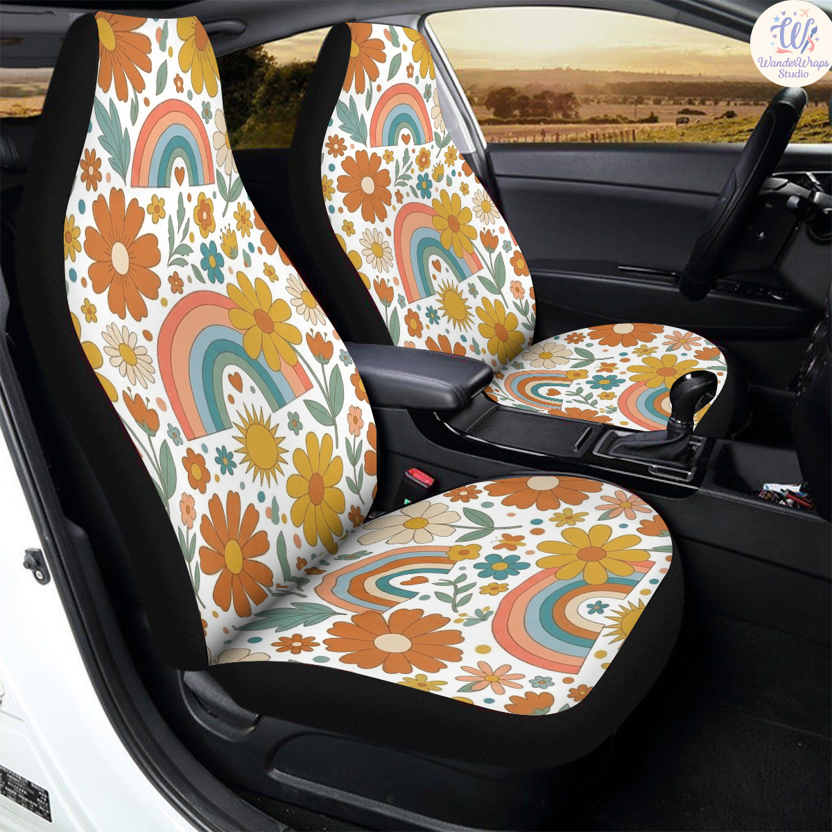 Retro Hippe Floral Rainbow Car Seat Covers – High Quality Graphic and Polar Fleece Protector Set