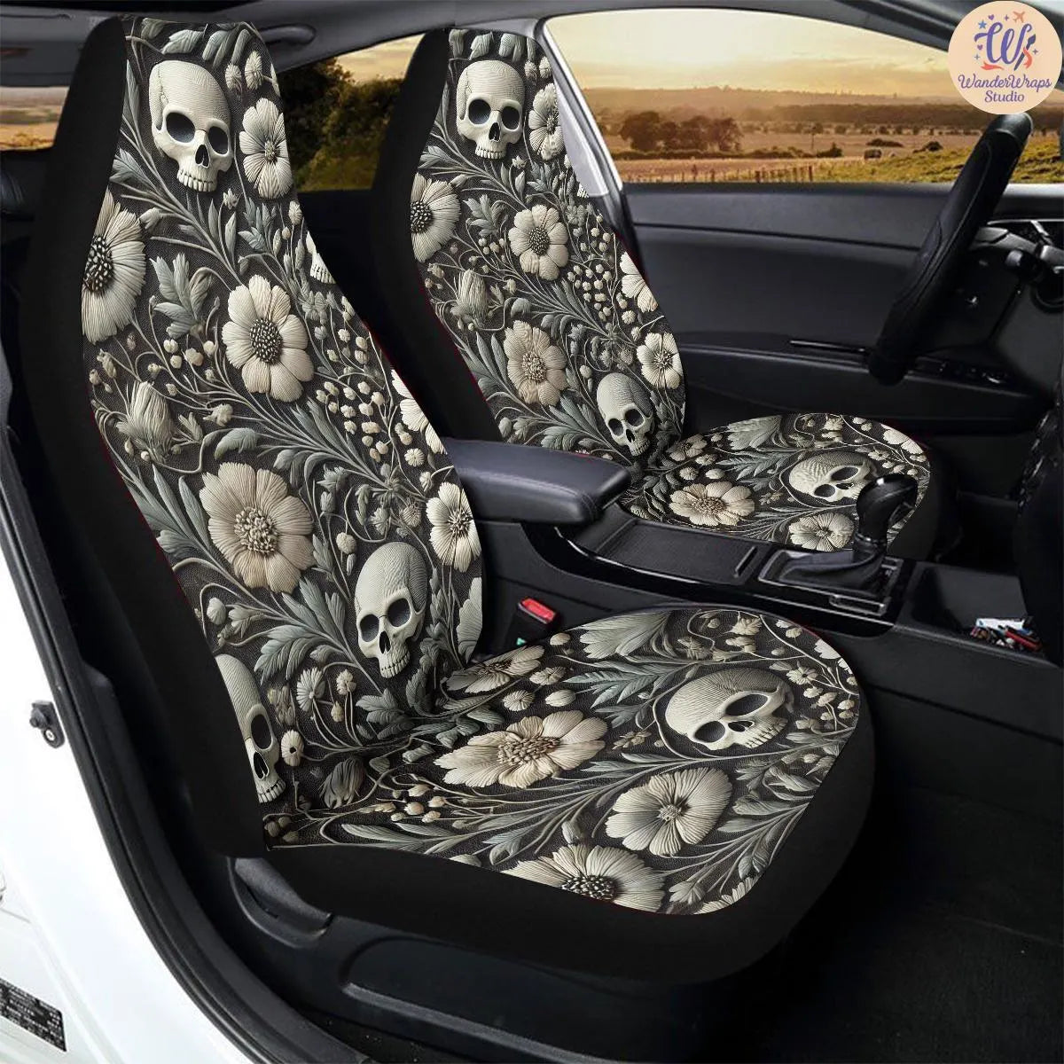 Gothic Floral Skull Faux Embroidery Car Seat Covers – High Quality Graphic and Polar Fleece Protector Set