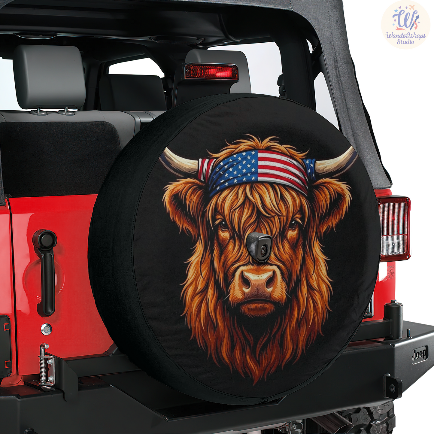 Patriotic Highland Cow Spare Tire Cover – Waterproof UV Resistant Protector with Camera Hole