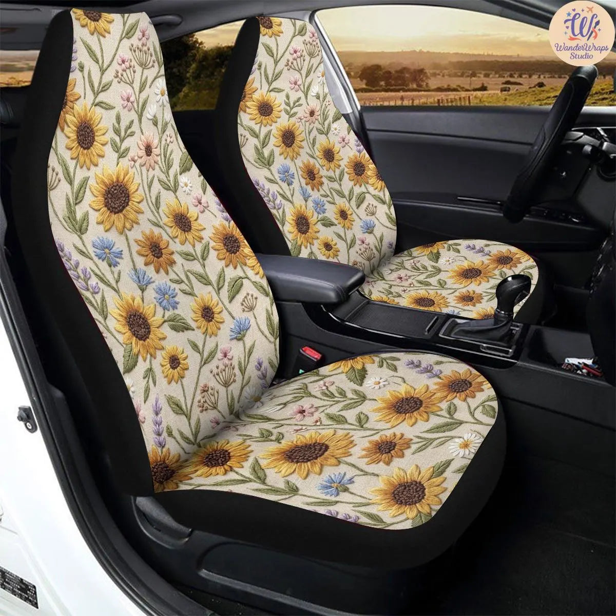 Wildflower Sunflower Faux Embroidery Car Seat Covers – High Quality Graphic and Polar Fleece Protector Set