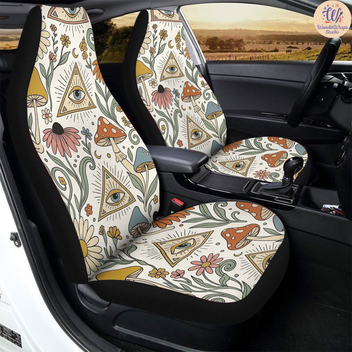 Mystical Retro Wildflower Mushroom Car Seat Covers – High Quality Graphic and Polar Fleece Protector Set