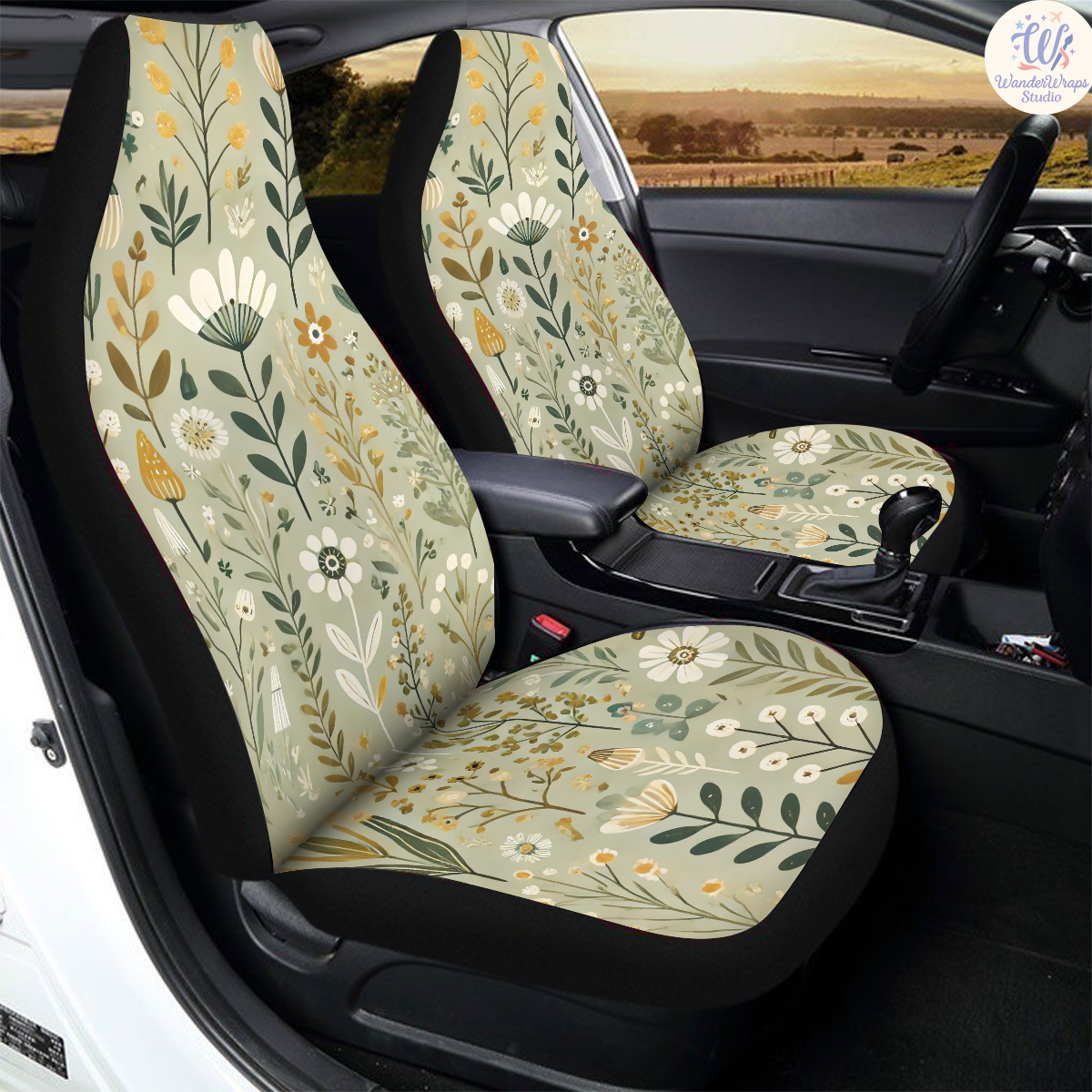 Sage Green Floral Meadow Car Seat Covers – High Quality Graphic and Polar Fleece Protector Set