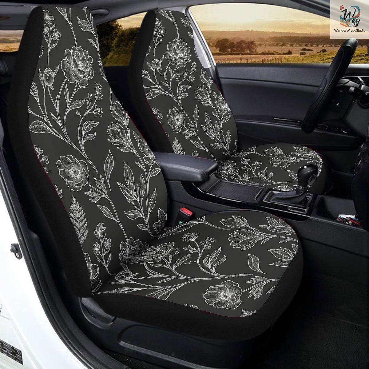 Elegant Monochrome Botanical Car Seat Covers – High Quality Graphic and Polar Fleece Protector Set