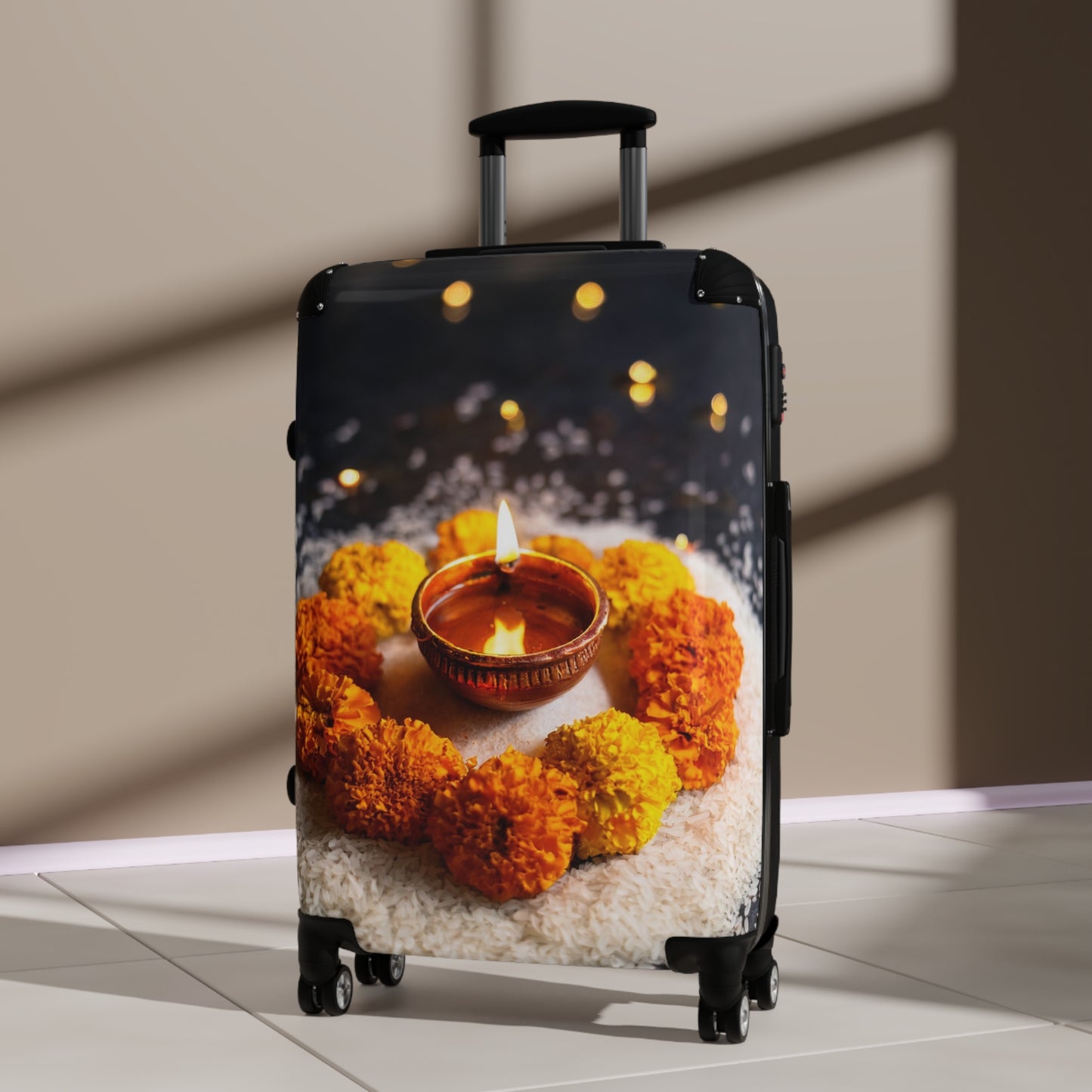 Nature Flowers Floral Lit Diya Surrounded Art Carry-On Suitcase - Stylish Luggage for Travelers