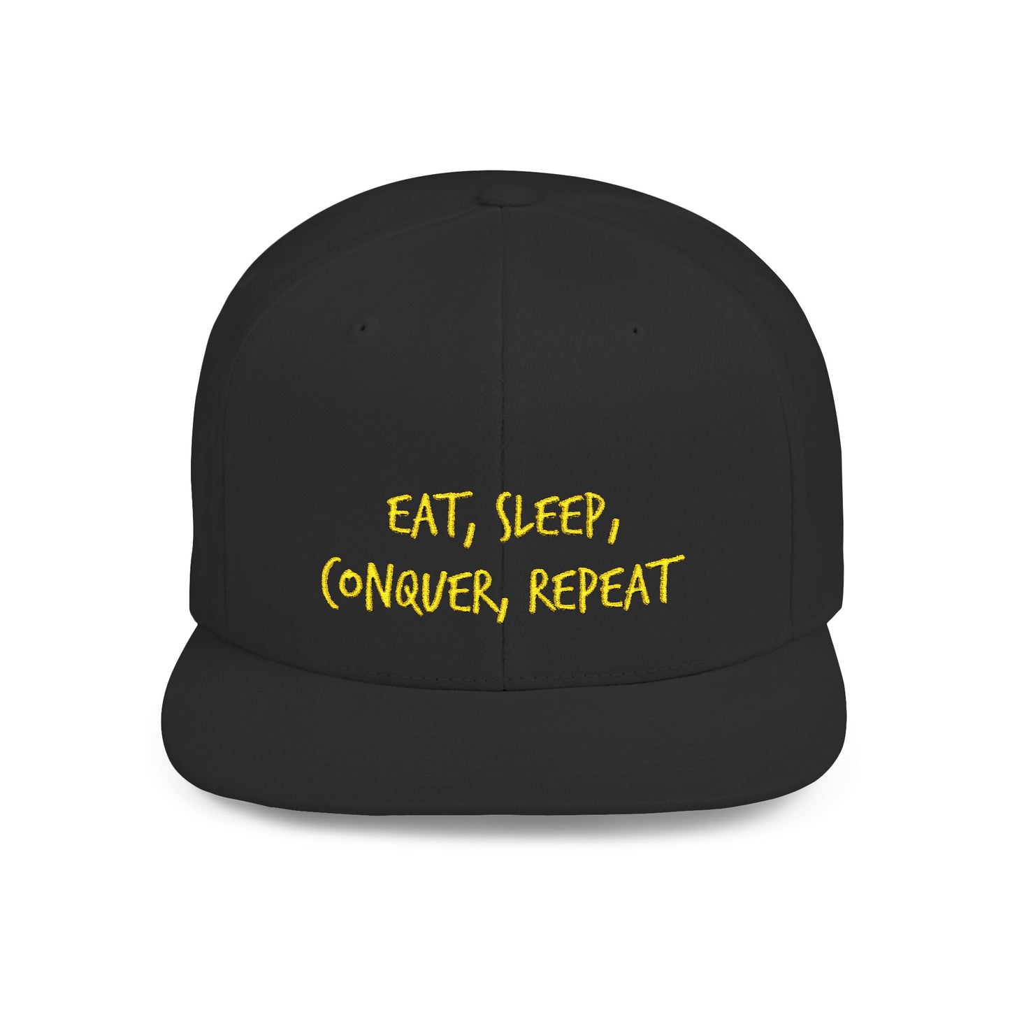 Text Eat Sleep Conquer Repeat Flat Bill Snapback – Lightweight, Custom Fit, Premium Quality