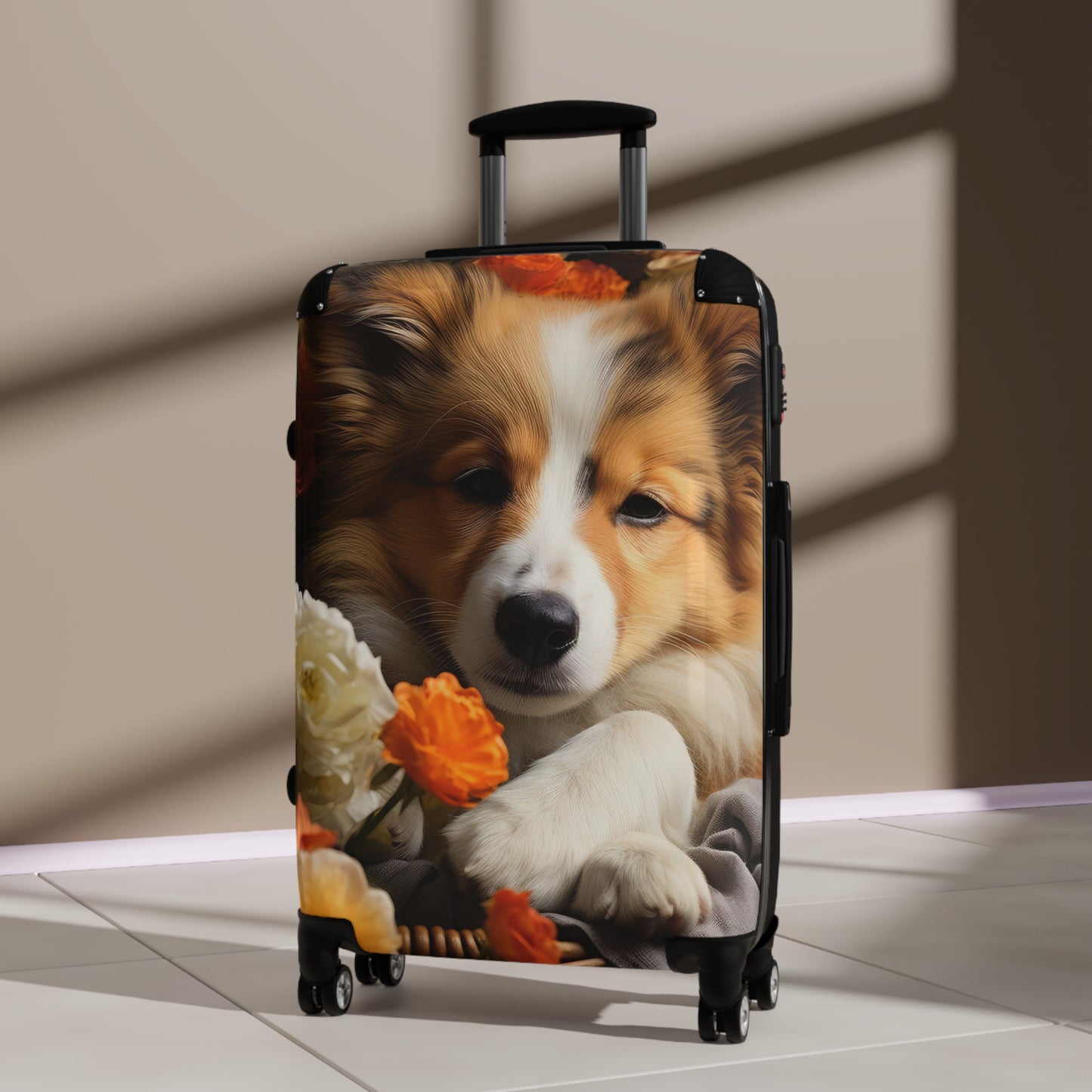 Nature Flowers Floral Cute Dog in Basket Art Carry-On Suitcase - Stylish Luggage for Travelers