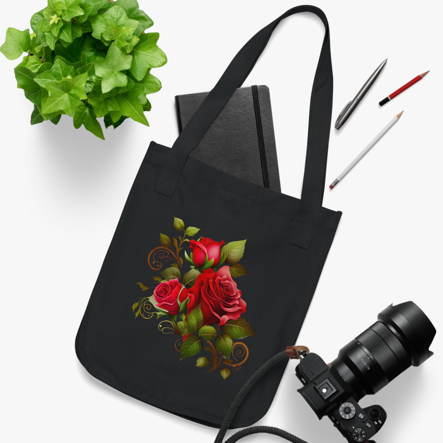 Flowers Roses With Swirls Floral Organic Canvas Tote Bag - Eco-Friendly Carryall for Everyday Use