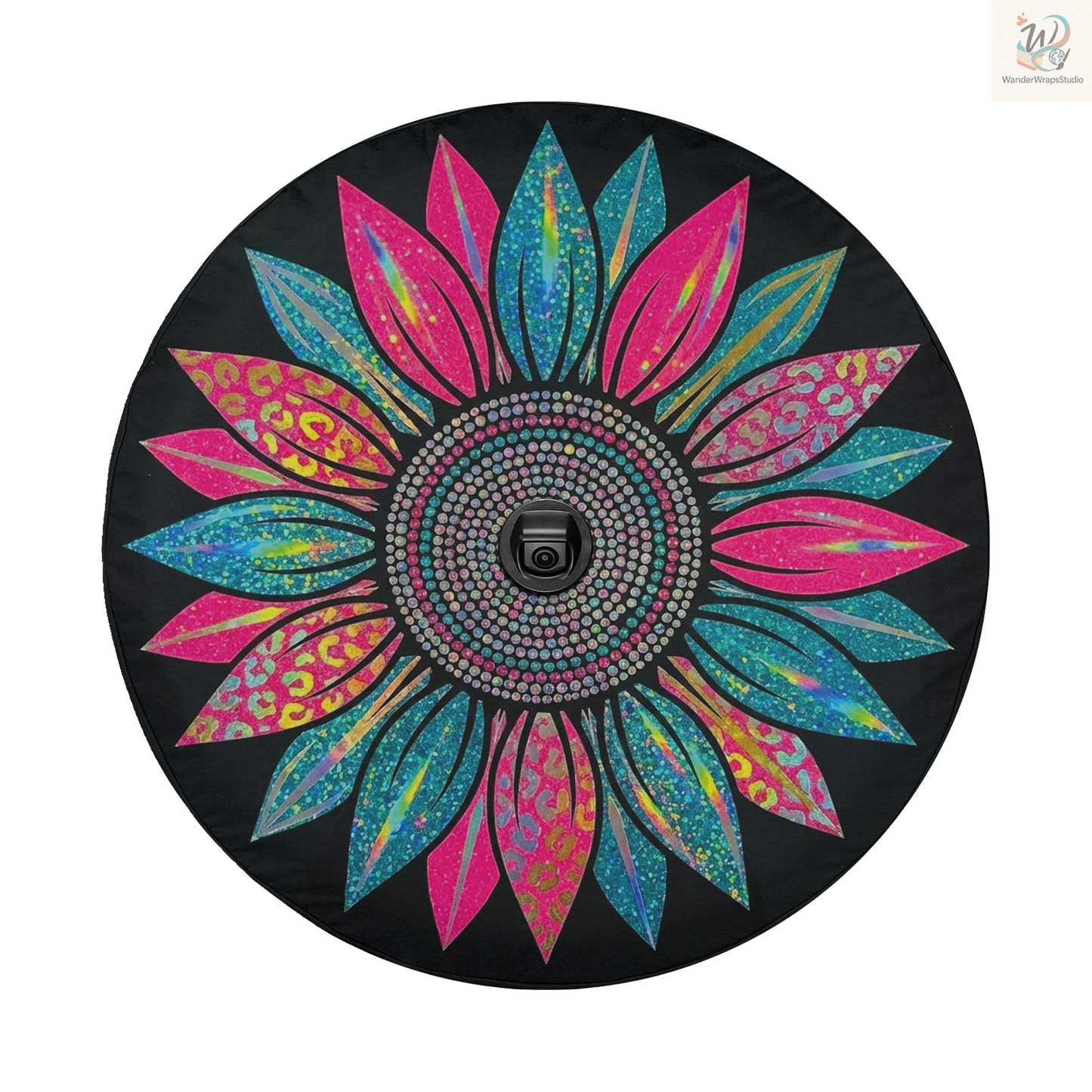 Pink Glitter Sunflower With Leopard Petals Spare Tire Cover – Waterproof UV Resistant Protector with Camera Hole