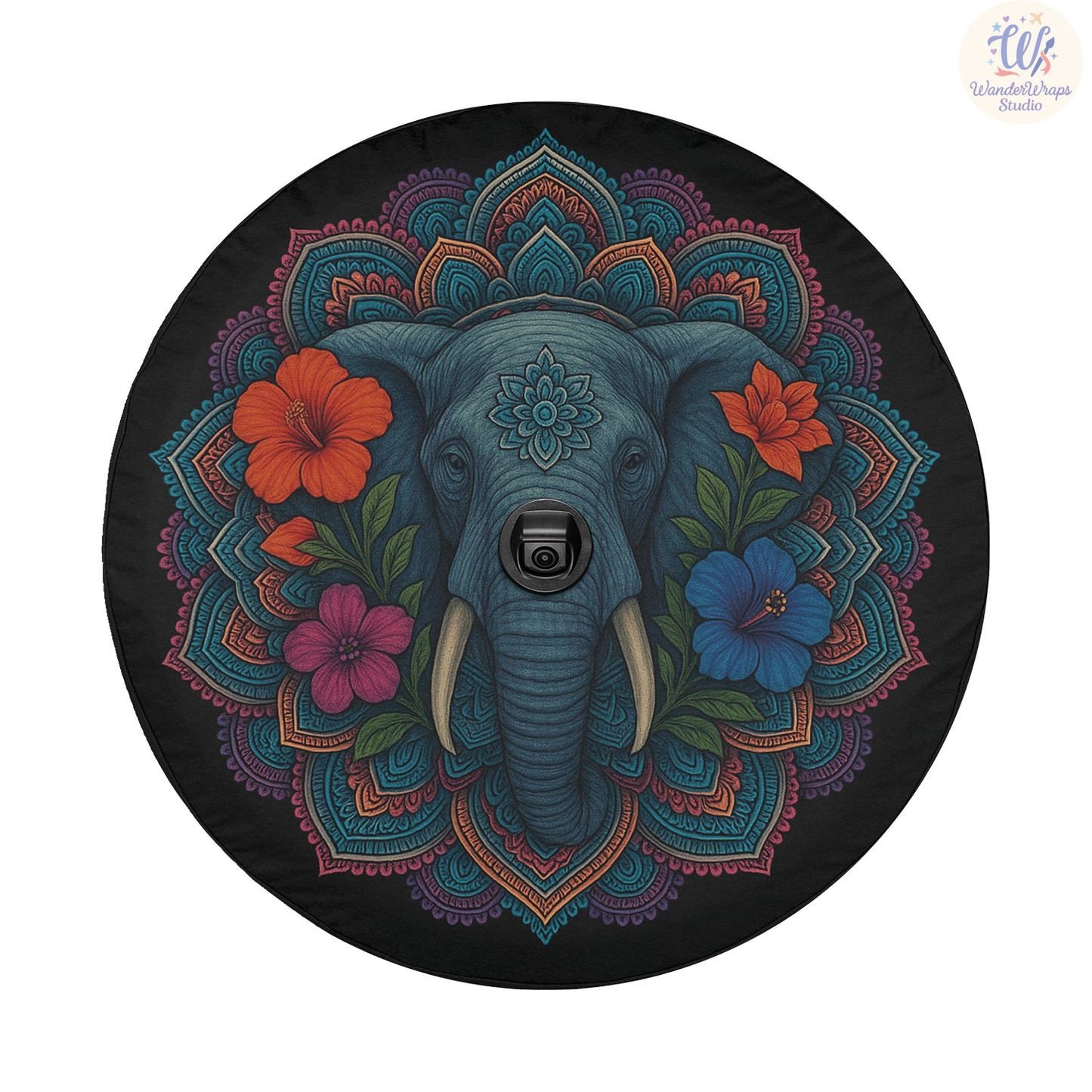 Elephant Mandala Spare Tire Cover – Waterproof UV Resistant Protector with Camera Hole