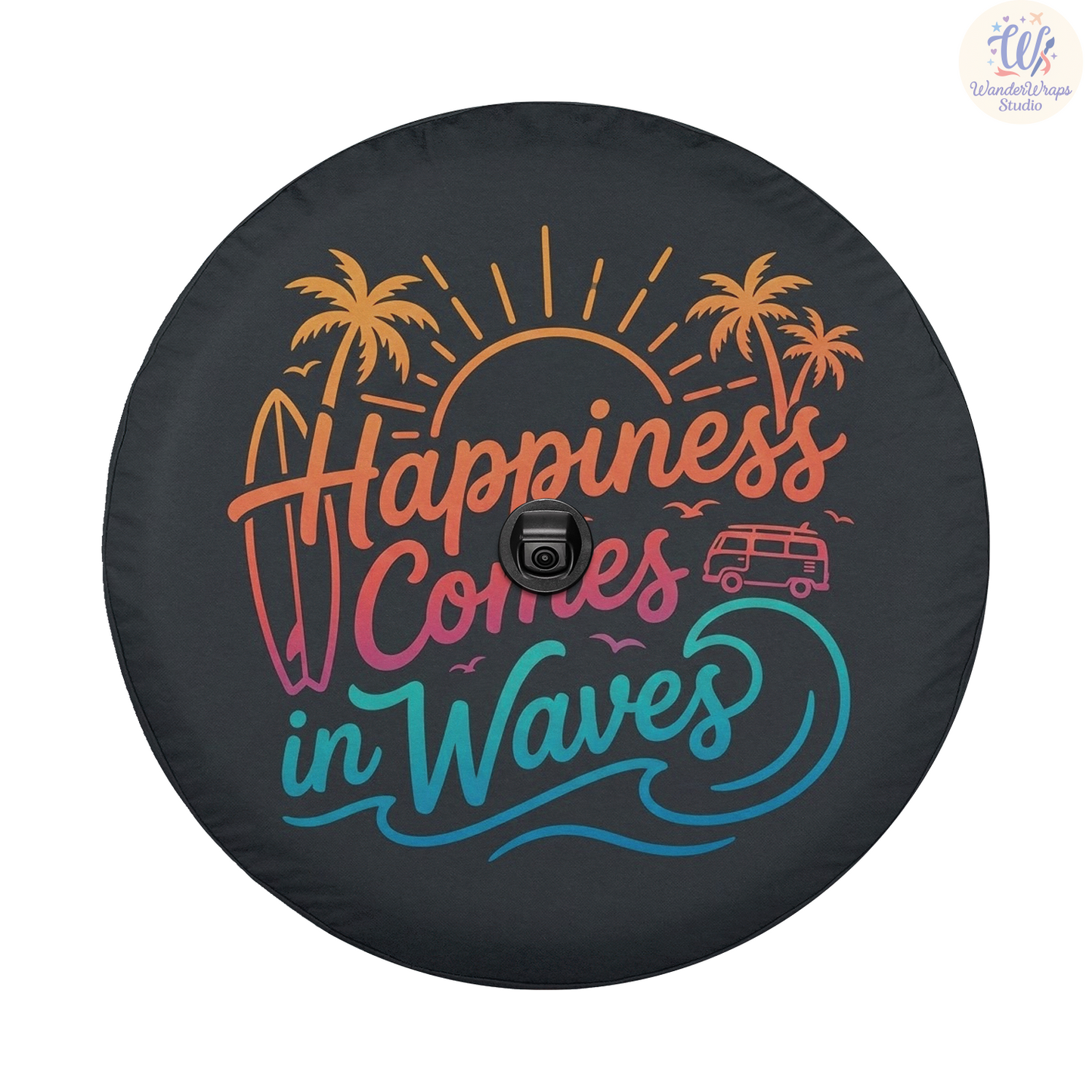 Happiness Comes In Waves Spare Tire Cover – Waterproof UV Resistant Protector with Camera Hole