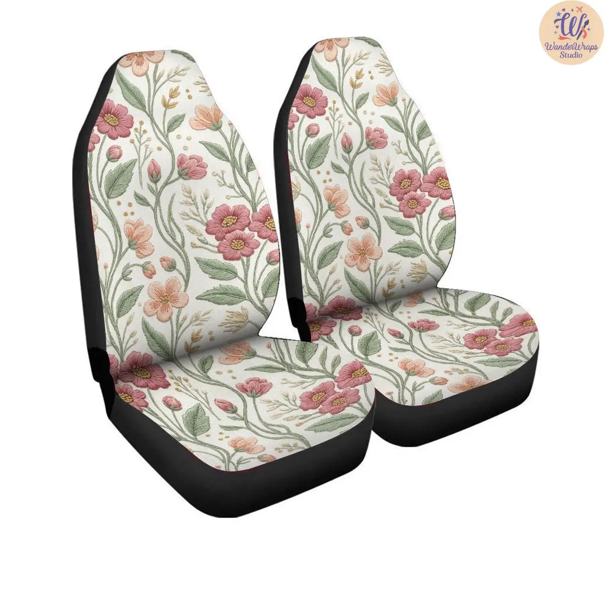 Meadow Wildflowers Faux Embroidered Car Seat Covers – High Quality Graphic and Polar Fleece Protector Set