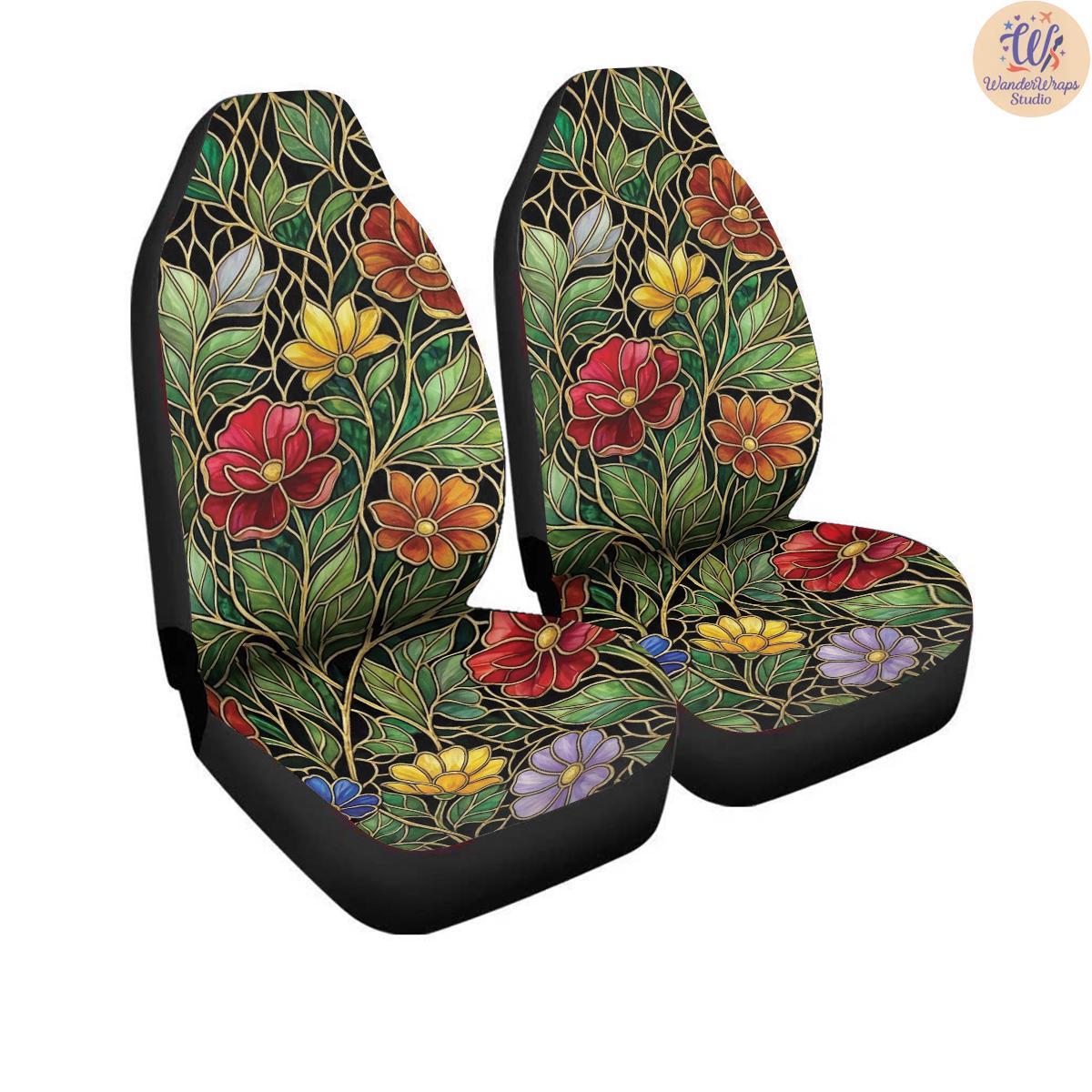 Mosaic Garden Jewel Floral Pattern Car Seat Covers – High Quality Graphic and Polar Fleece Protector Set