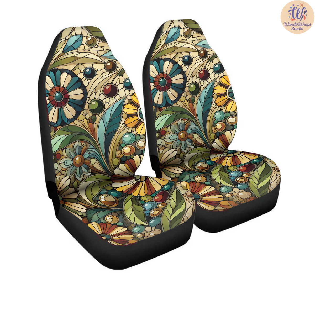 Mosaic Floral Car Seat Covers – High Quality Graphic and Polar Fleece Protector Set