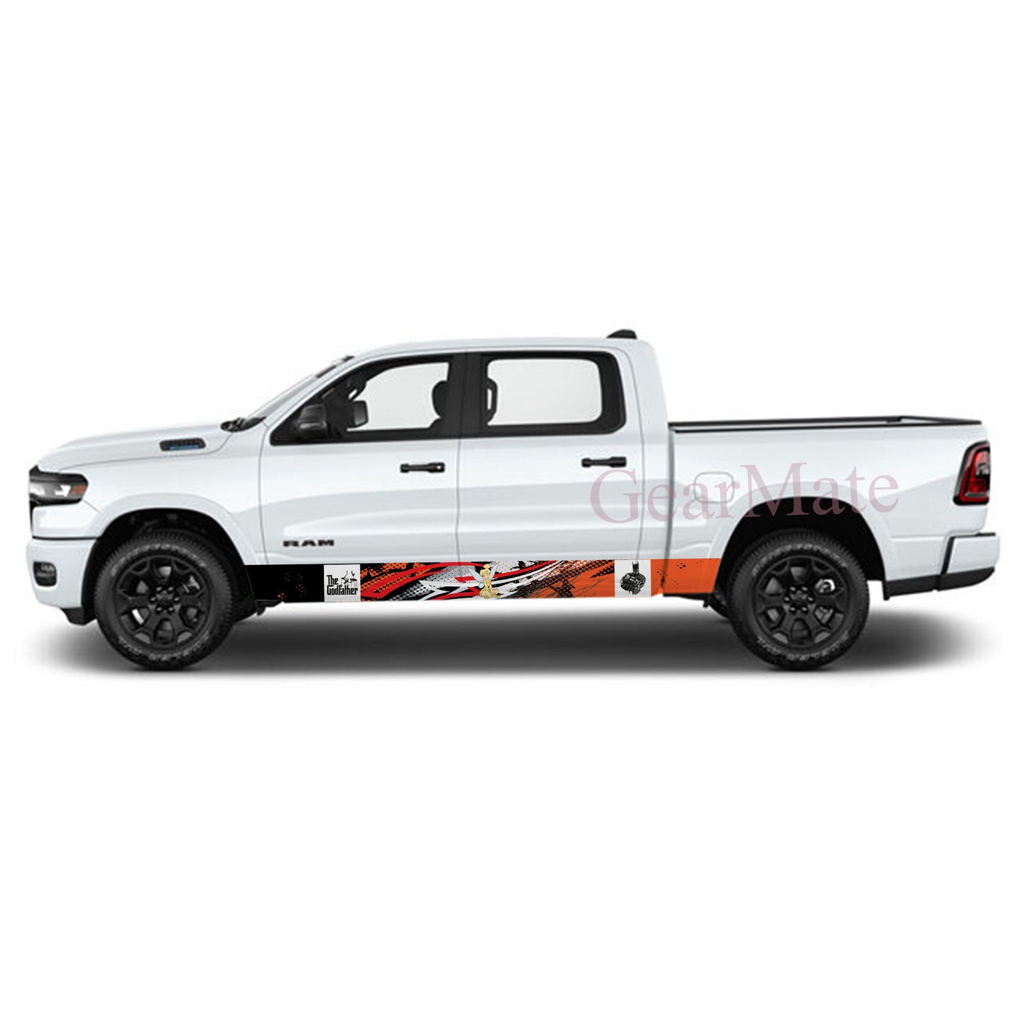 Racing Sport Stripe Orange The God Father Rocker Panel Graphic Decal Kit (Left & Right Sides) - High Quality Vinyl for Trucks & SUVs