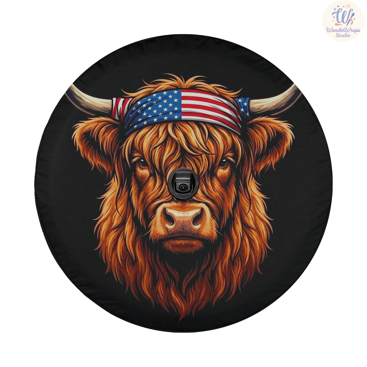 Patriotic Highland Cow Spare Tire Cover – Waterproof UV Resistant Protector with Camera Hole