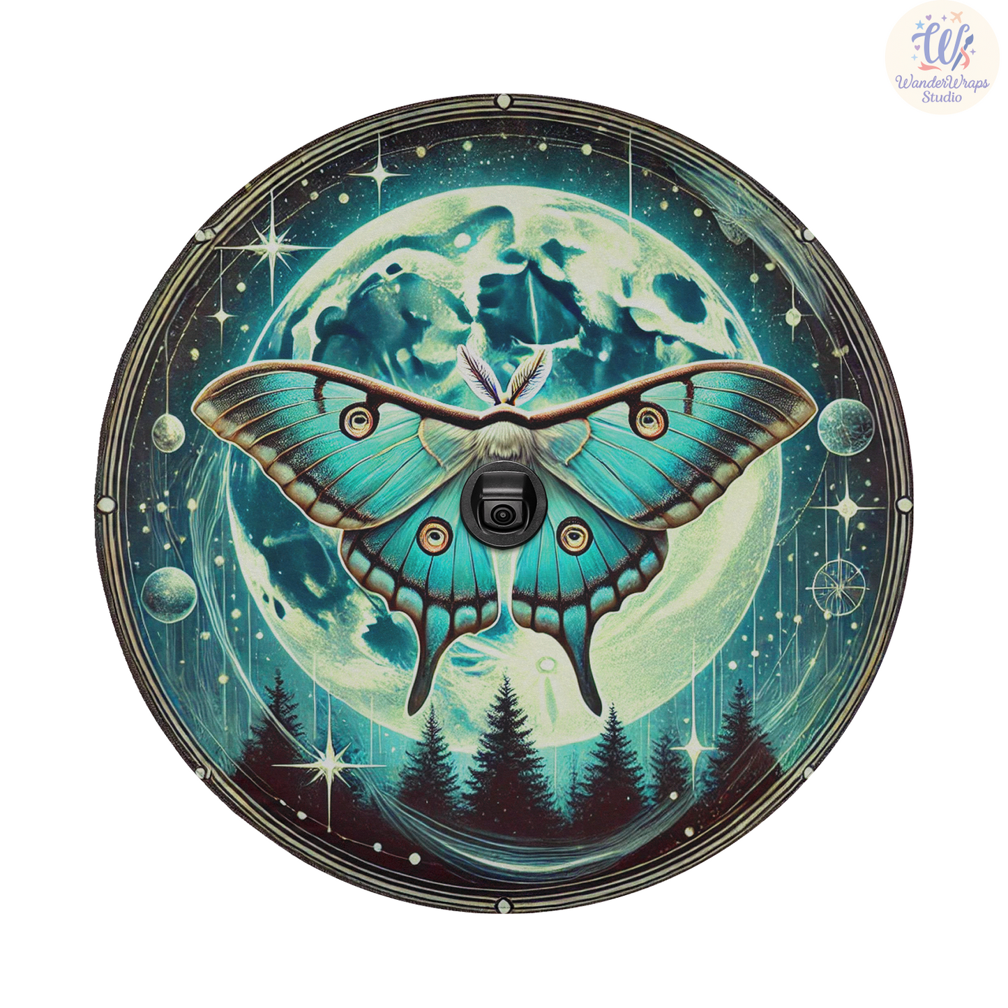Celestial Luna Moth Spare Tire Cover – Waterproof UV Resistant Protector with Camera Hole