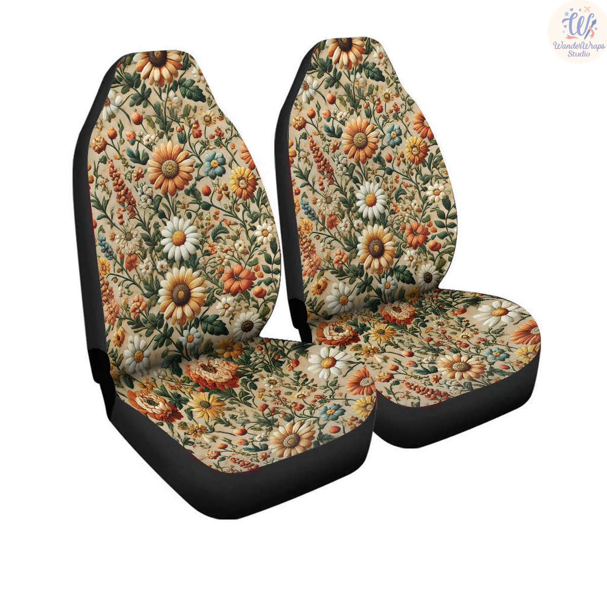Vintage Folk Floral Meadow Faux Embroidery Car Seat Covers – High Quality Graphic and Polar Fleece Protector Set
