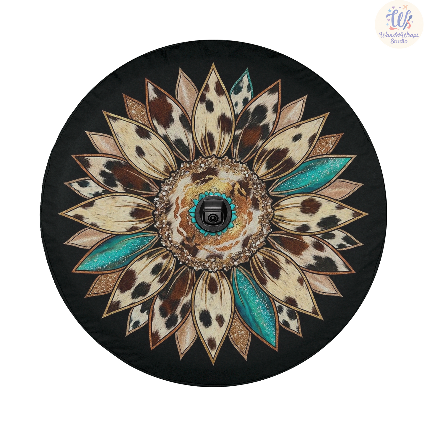 Cowhide Pattern Sunflower Spare Tire Cover – Waterproof UV Resistant Protector with Camera Hole