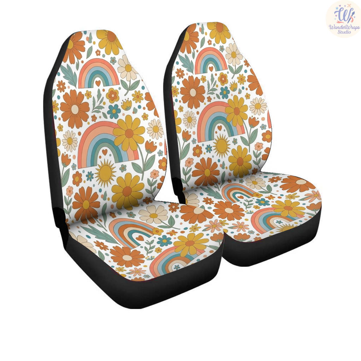 Retro Hippe Floral Rainbow Car Seat Covers – High Quality Graphic and Polar Fleece Protector Set