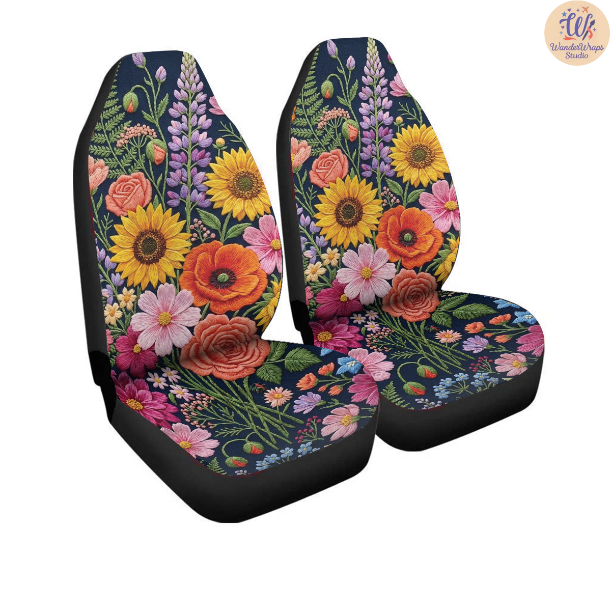 Midnight Wildflower Embroidery Car Seat Covers – High Quality Graphic and Polar Fleece Protector Set