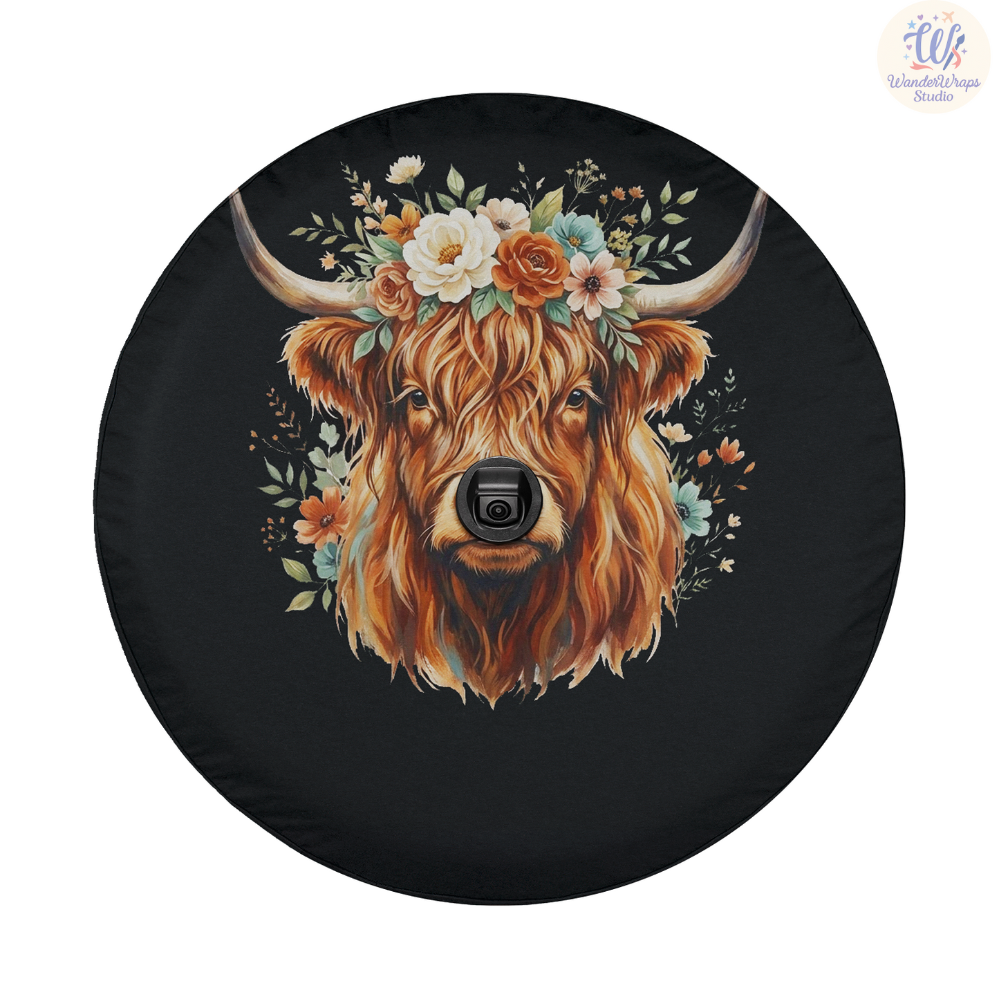 Floral Highland Cow With Glitter Spare Tire Cover – Waterproof UV Resistant Protector with Camera Hole
