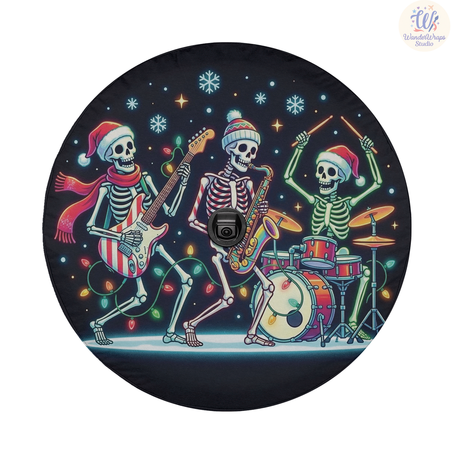 Skeleton Christmas Band Spare Tire Cover – Waterproof UV Resistant Protector with Camera Hole