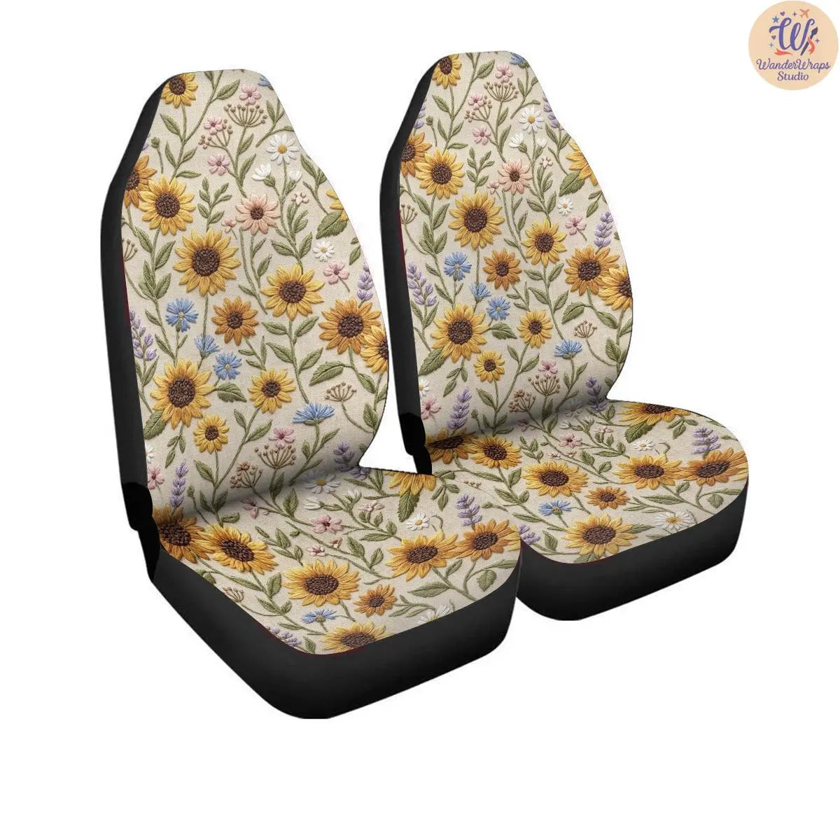 Wildflower Sunflower Faux Embroidery Car Seat Covers – High Quality Graphic and Polar Fleece Protector Set