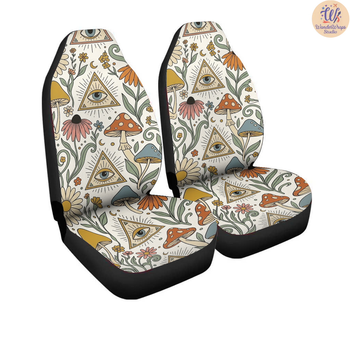 Mystical Retro Wildflower Mushroom Car Seat Covers – High Quality Graphic and Polar Fleece Protector Set