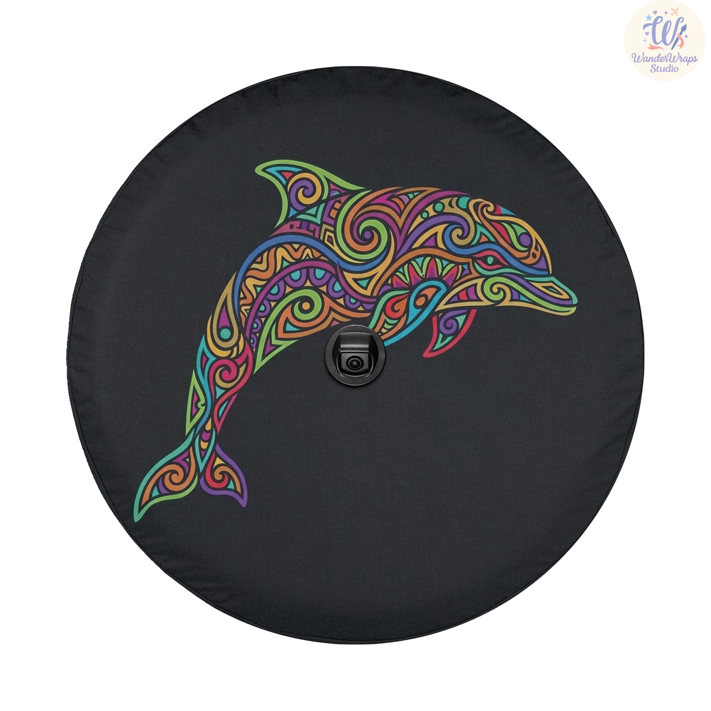Tribal Psychedelic Dolphin Spare Tire Cover – Waterproof UV Resistant Protector with Camera Hole