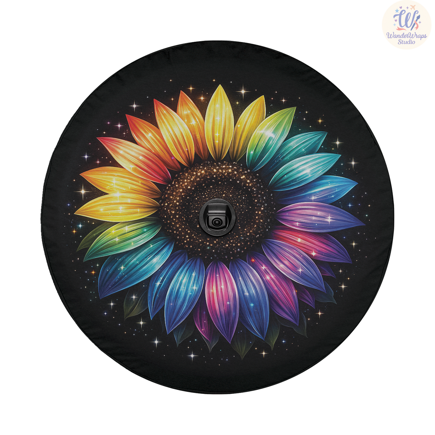 Sparkles Rainbow Sunflower Spare Tire Cover – Waterproof UV Resistant Protector with Camera Hole