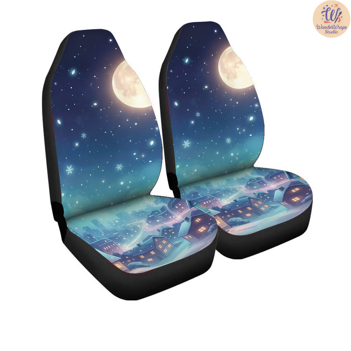 Midnight Snowfall City Car Seat Covers – High Quality Graphic and Polar Fleece Protector Set