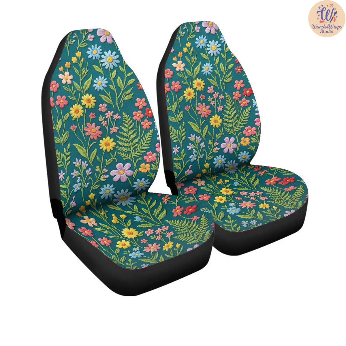 Colorful Faux Embroidered Wildflower Car Seat Covers – High Quality Graphic and Polar Fleece Protector Set