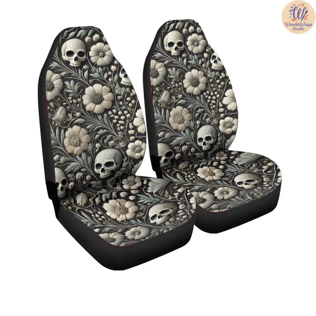 Gothic Floral Skull Faux Embroidery Car Seat Covers – High Quality Graphic and Polar Fleece Protector Set